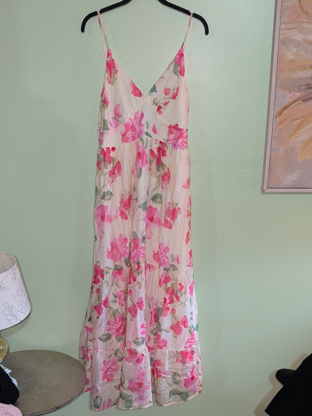 Cream Maxi Dress with Pink Floral Pattern